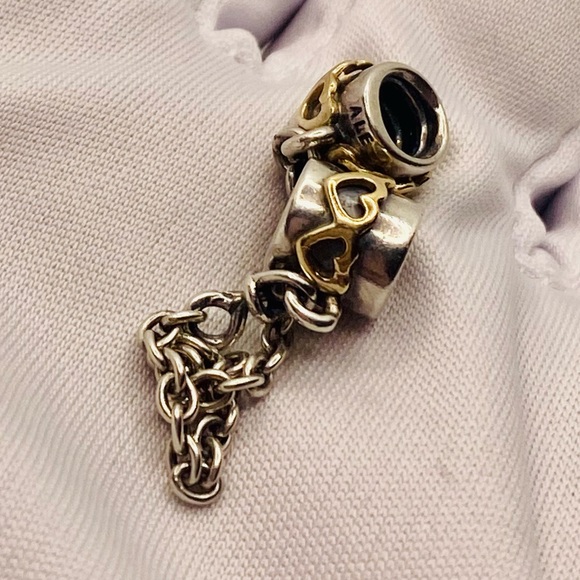 EUC Pandora 790307-05 Sterling Silver w/ 14k Gold Two Tone Heart Safety Chain - Picture 9 of 11